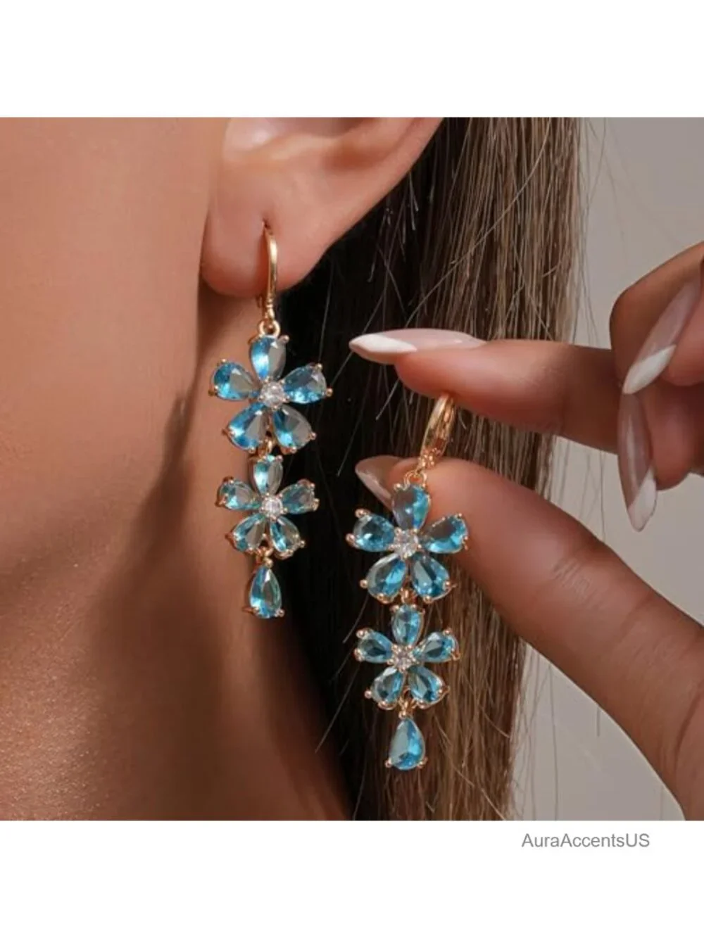 18K Gold Plated Flower Dangle Earrings, Hypoallergenic Cubic Zirconia Drop